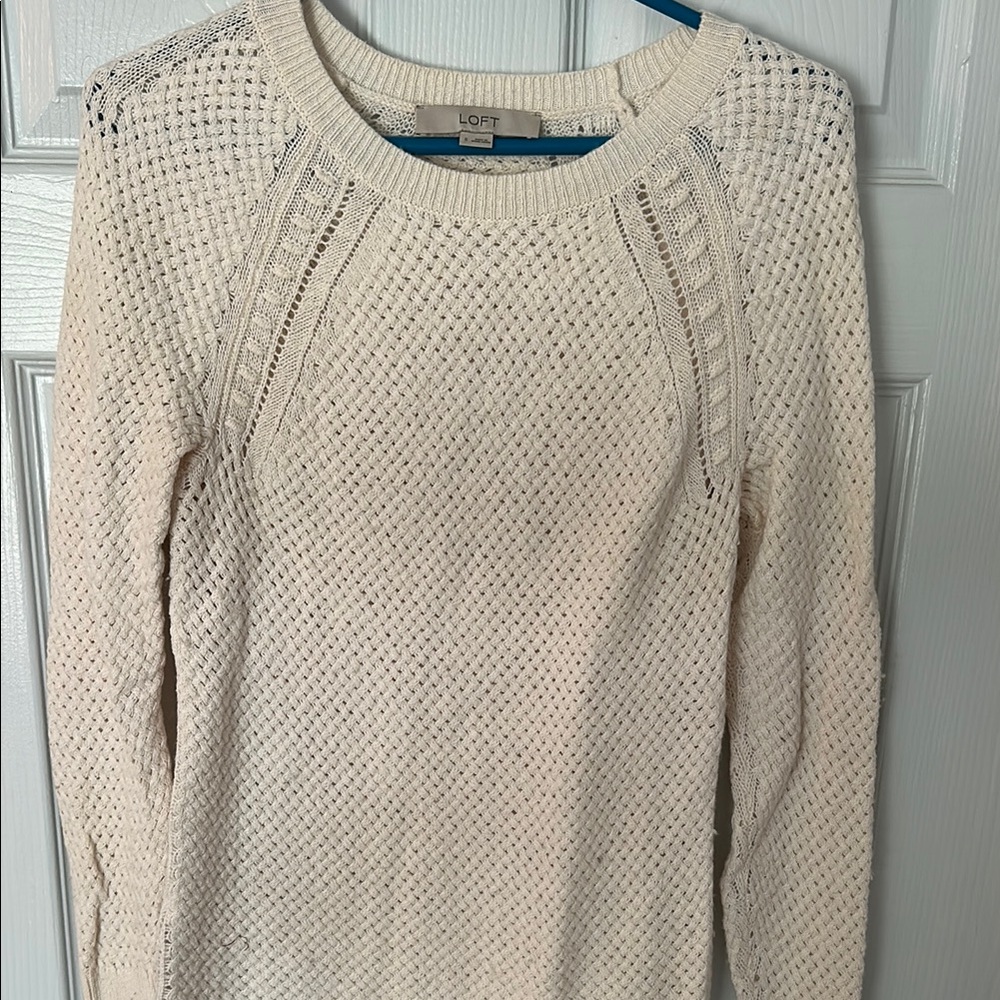 LOFT Cream Crew Neck Sweater with Cable Knit Details